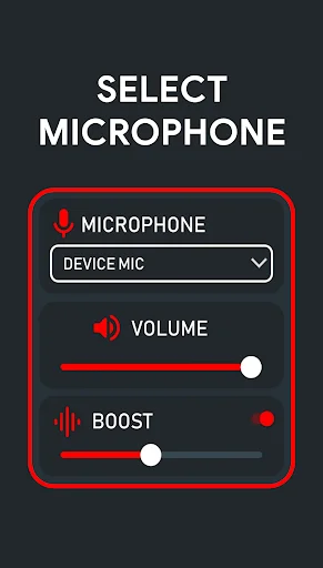 Hear Clear microphone selection screen with device microphone dropdown, volume slider, and boost control for hearing enhancement