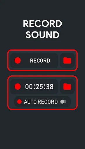 Hear Clear record sound screen with active recording controls, timer display at 00:25:38, and auto record toggle switch