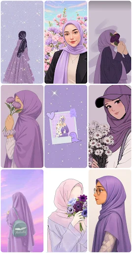 Grid of 9 illustrated hijab wallpapers featuring women in purple and floral designs for Islamic personalization