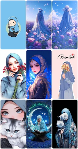 Collection of 9 Islamic wallpapers showing hijab women, spiritual landscapes, and mosque scenery designs