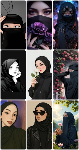 Gallery of 9 dark-themed hijab wallpapers with gothic style, dramatic lighting, and niqab fashion designs