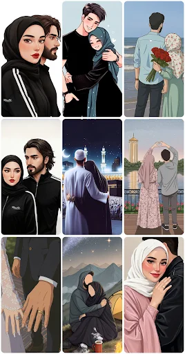 Set of 9 romantic couple and family wallpapers featuring men and women in traditional Islamic dress