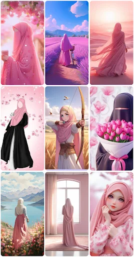 Grid of 9 pink and purple hijab wallpapers with fantasy landscapes and floral Islamic wallpaper designs