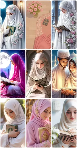 Collection of 9 spiritual Islamic wallpapers featuring women reading Quran, ornate designs, and white hijabs