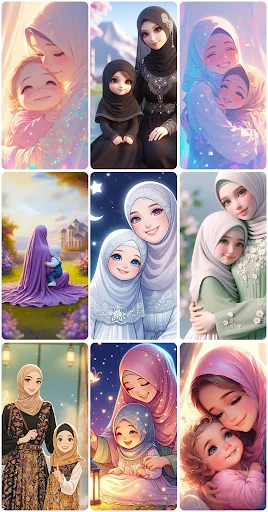 Gallery of 9 colorful hijab wallpapers showing mothers, daughters, families, and peaceful Islamic scenes