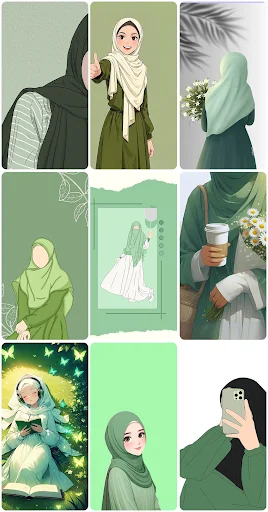 Set of 9 green-toned minimalist hijab wallpapers with botanical designs and elegant portrait styles
