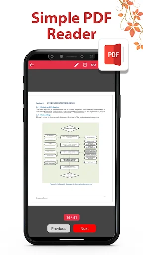 Simple PDF Reader interface on smartphone displaying PDF document with navigation toolbar and page number controls