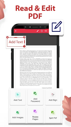 PDF editing tools screen showing smartphone with text, signature, password, image, and page manipulation editing options