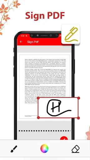 Sign PDF feature showing smartphone with digital signature drawing tool on PDF document and pen, color, eraser options