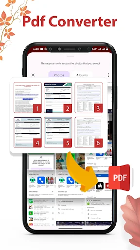 PDF Converter feature showing smartphone photo gallery selection interface for converting multiple images to PDF format