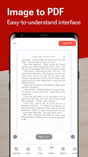 Image to PDF app interface showing scanned document page with navigation controls and multiple tool buttons for editing