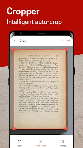 Cropper feature with intelligent auto-crop handles for precise document boundary adjustment and straightening