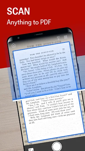 Document scanning interface with blue outline detection showing multiple pages ready for PDF conversion