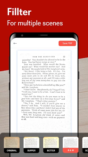 Multiple image filter options for document enhancement including original, supper, better, and black-and-white effects