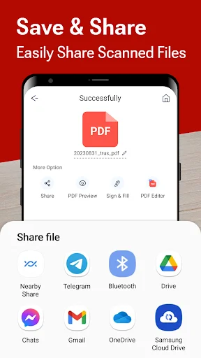 Successfully converted PDF file with sharing options to Gmail, Drive, Telegram, Bluetooth, and cloud storage services