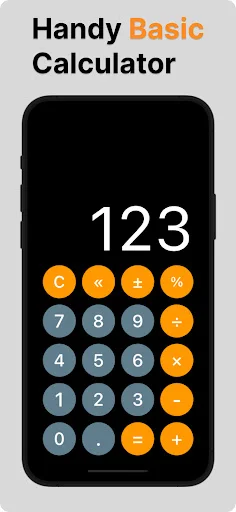 Handy Basic Calculator app interface with number keypad, orange operation buttons, and black display screen