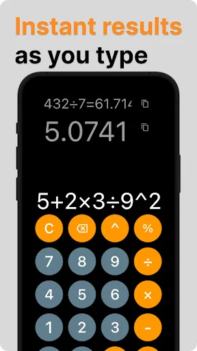 Instant results calculator showing live computation as user types complex mathematical expressions