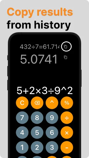 Copy results feature in calculator history allowing quick clipboard access to previous calculations