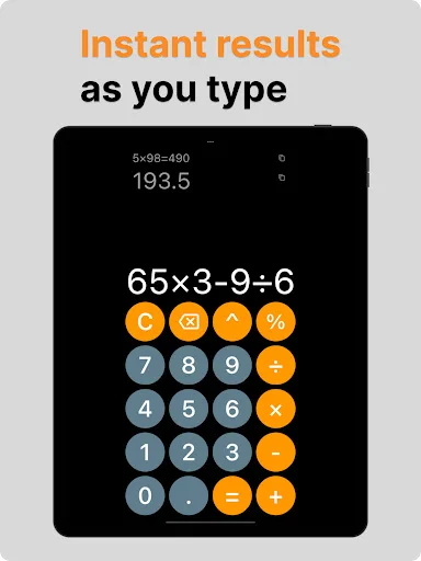 Real-time instant calculator showing live results as user enters mathematical expressions and operations