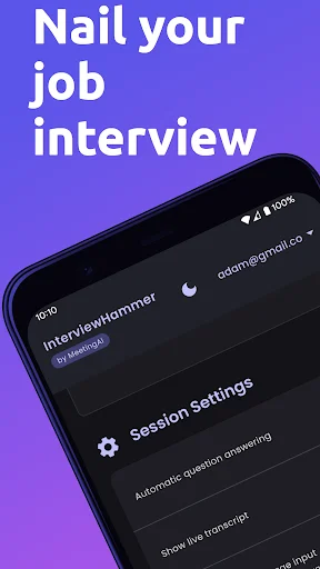 Interview Hammer app onboarding screen titled 'Nail your job interview' displaying Session Settings with automatic question answering toggle
