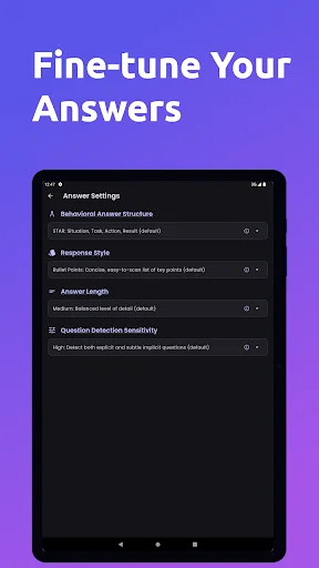 Answer Settings full screen view with Behavioral Answer Structure, Response Style, Answer Length, and Question Detection Sensitivity options