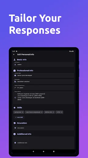 Edit Personal Info full screen with user profile including basic info, professional details, experience, work history, education, and skills
