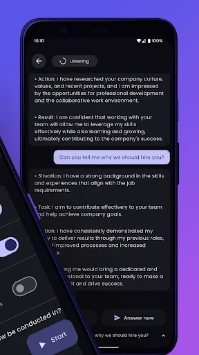 Interview practice question with STAR method response structure showing Action, Result, Situation, and Tasks sections with Answer now button