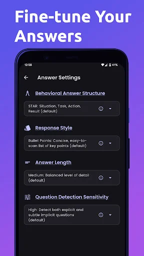 Answer Settings page with options for Behavioral Answer Structure, Response Style, Answer Length, and Question Detection Sensitivity customization