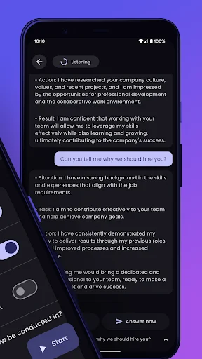 Interview practice question with STAR method response structure showing Action, Result, Situation, and Tasks sections with Answer now button