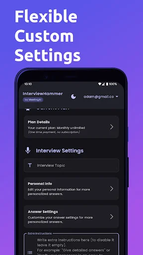 Flexible Custom Settings menu showing Plan Details, Interview Settings, Personal Info, Answer Settings, and Other Instructions sections