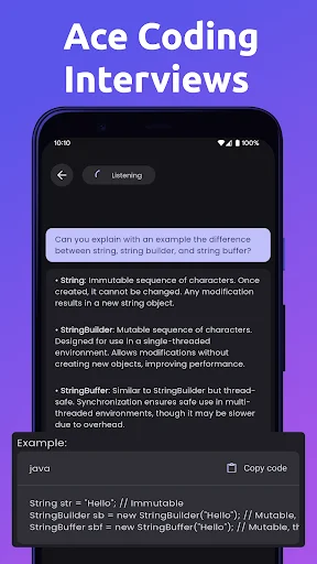 Ace Coding Interviews feature showing coding question about string, stringbuilder, and stringbuffer with Java code example and copy button