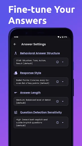 Answer Settings page with options for Behavioral Answer Structure, Response Style, Answer Length, and Question Detection Sensitivity customization