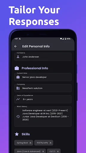 Edit Personal Info screen for tailoring interview responses with fields for name, professional role, company, experience, and skills management
