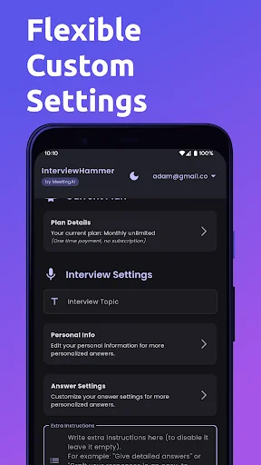 Flexible Custom Settings menu showing Plan Details, Interview Settings, Personal Info, Answer Settings, and Other Instructions sections
