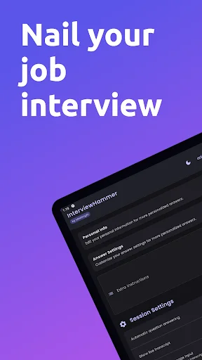 Interview Hammer app interface showing Session Settings and automatic question answering feature with transcript display functionality