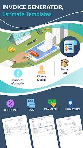 Invoice Generator home screen showing feature icons for business info, clients, items, discounts, taxes, payments, and signatures