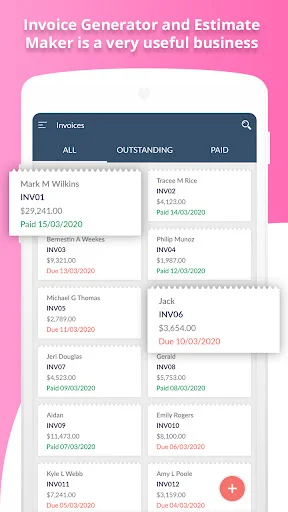 Invoice list view with tabs filtering ALL, OUTSTANDING, and PAID invoices displaying client names and dates