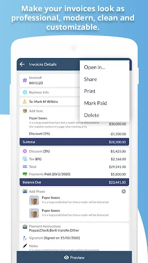 Invoice details editor with menu showing options to print, share, mark paid, delete, and view itemized breakdown
