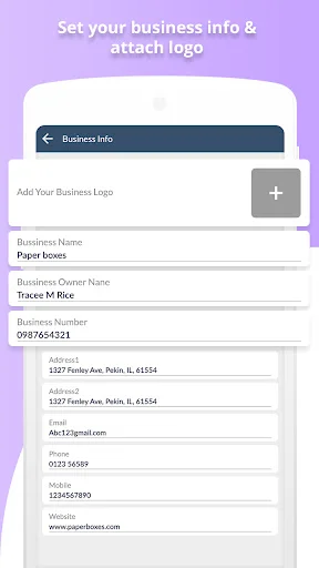 Business information setup form to add company logo, name, owner details, business number, and contact information