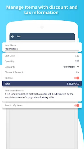 Item editor form for adding products with unit cost, quantity, discount percentage, taxable toggle, and total amount