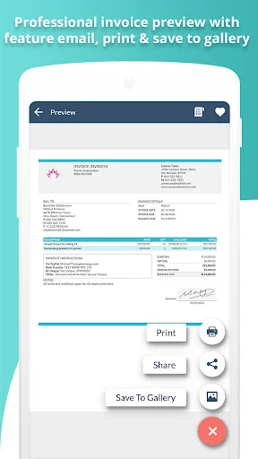 Invoice preview showing professional formatted document with toolbar options to share, print, and save to device gallery