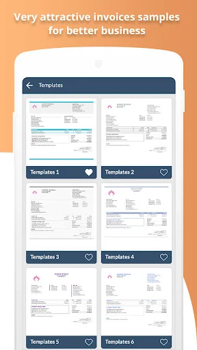 Invoice templates gallery displaying six customizable professional invoice designs with favorite save heart icons