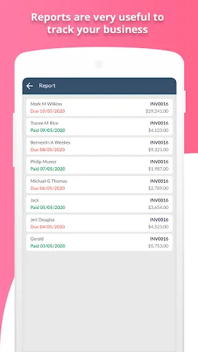Business reports dashboard listing invoices with client names, due dates, invoice numbers, and payment amounts