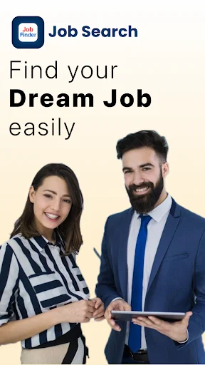 Job Search app welcome screen with 'Find your Dream Job easily' headline and professional team with tablet