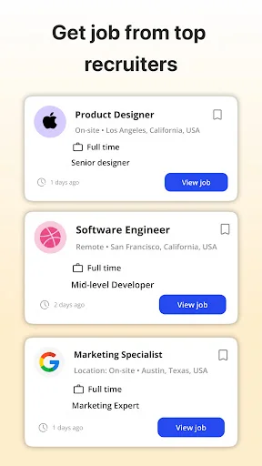 Top recruiters job listings: Product Designer, Software Engineer, and Marketing Specialist positions from Apple, pink, and Google companies with View job buttons