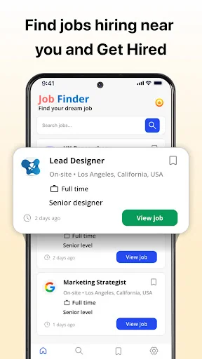 Job Finder mobile interface: Search bar and nearby job listings for Lead Designer and Marketing Strategist positions ready to apply