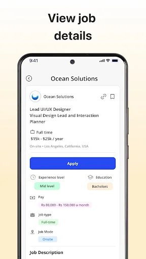Detailed job listing: Ocean Solutions Lead UI/UX Designer position with salary $15k-$25k, experience level, education requirements, and Apply button