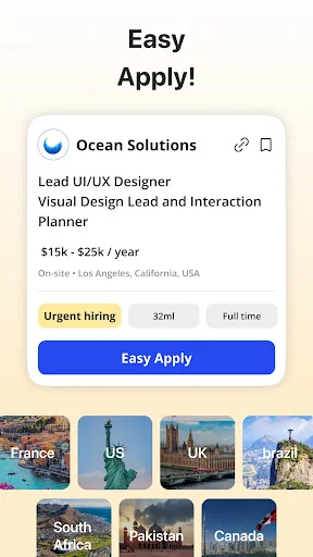 Easy Apply job posting: Ocean Solutions Lead UI/UX Designer, salary range, urgent hiring tag, and country selection tiles including France, US, UK