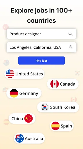 Global job search: Search fields for job title and location with Find Jobs button and 100+ countries including USA, Canada, Germany, South Korea, China, Spain, Australia