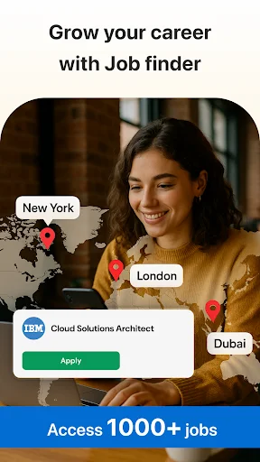 Career growth interface displaying global job locations New York London Dubai with Cloud Solutions Architect job card